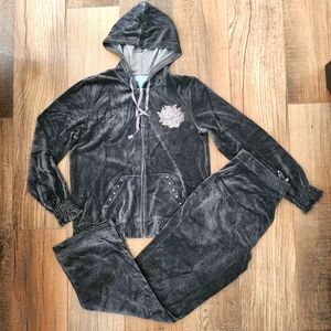 Vintage Gray Velour Track Suit Jacket Pants Women Size M Rhinestones Bling